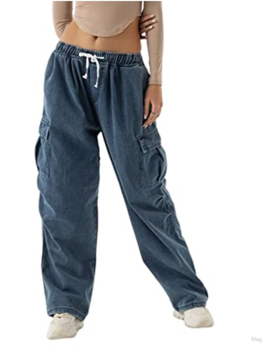 Womens High Waisted Baggy Cargo Jeans Wide Leg Drawstring Boyfriend